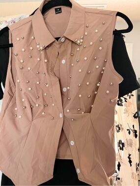 Sleeveless Pearl-Embellished Pink Blouse